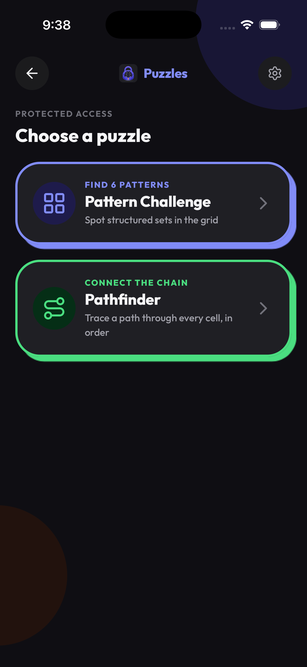 Brain Unlock puzzle chooser in dark mode — Pattern Challenge and Pathfinder