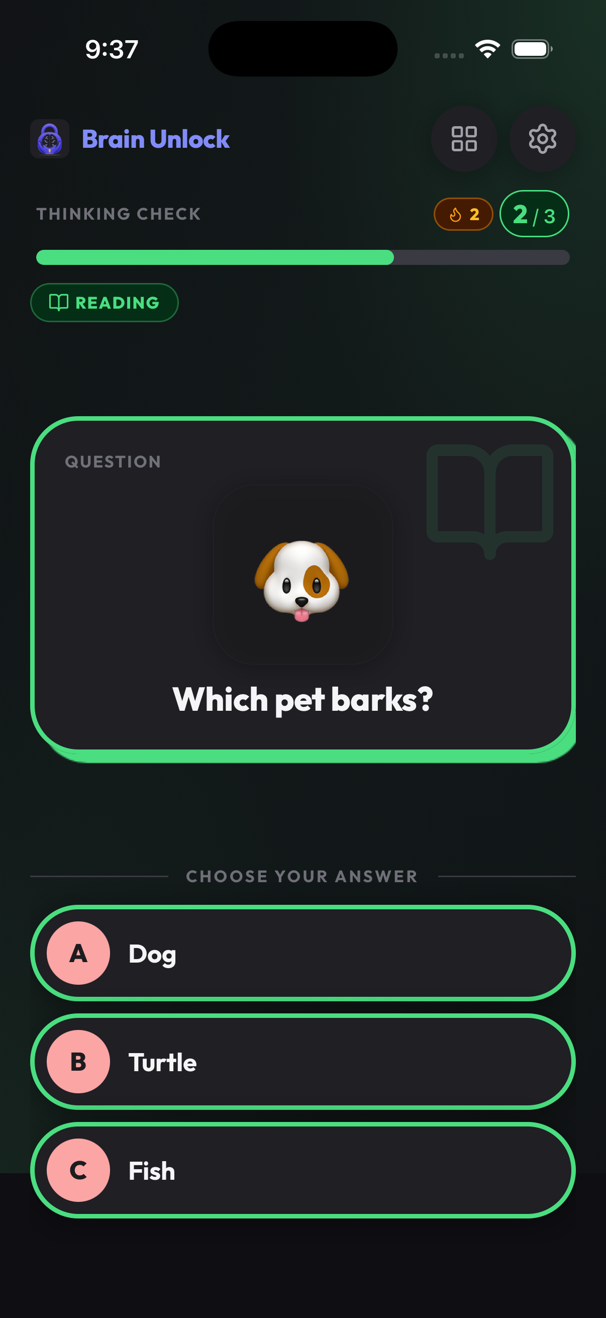 Brain Unlock Thinking Check in dark mode — a reading question with answer choices